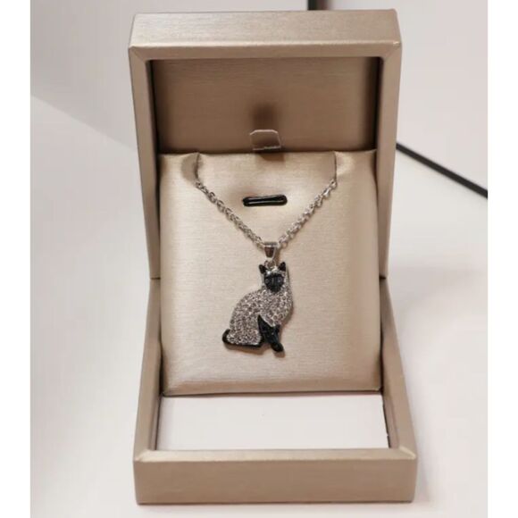Siamese Cat Necklace Blue Eyes Rhinestones Kitty - Picture 4 of 10